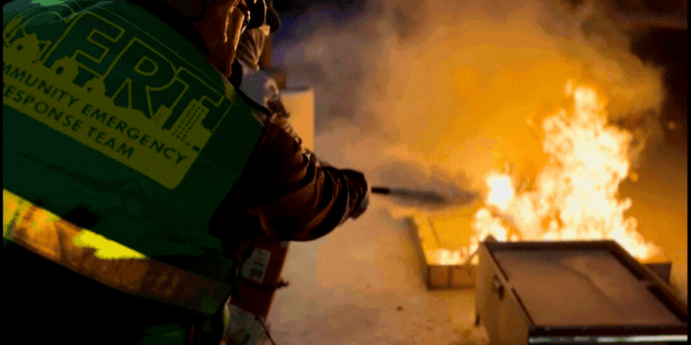 Images of people training extinguishing fires at CERT training. 