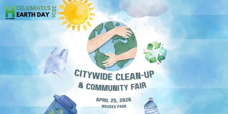Graphic with watercolor art of Earth, the sun, a water bottle, and a recycling bin. Text reads: Citywide Cleanup and Community Fair April 25 at Weekes Park.
