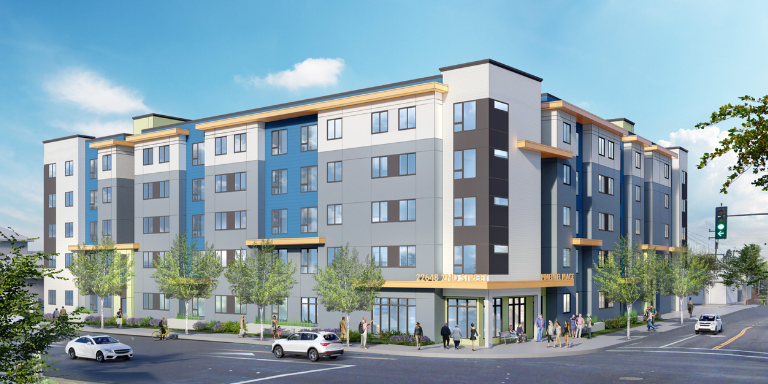 Illustration of a a grey, yellow, and blue apartment building.