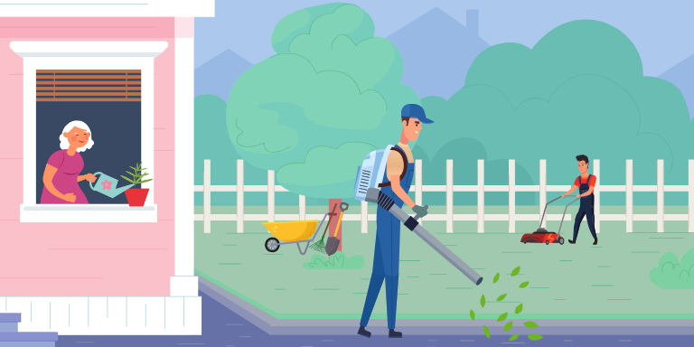 Illustration of an old woman watering a plant by a window. Outside, one person is mowing a lawn and someone else is using a leaf blower.