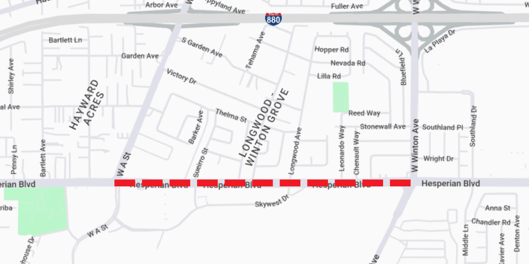 Map of Hesperian Boulevard highlighted between Mission and A Street, illustrating the closure lane.