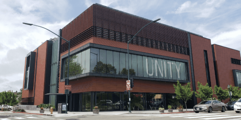 GIF with three photos one of the exterior library and two of the corner cafe.