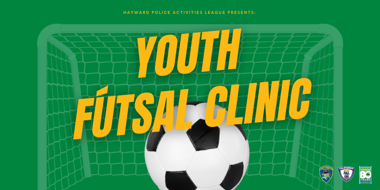 Green background with a soccer net and a soccer ball with yellow text: Youth Futsol Clinic