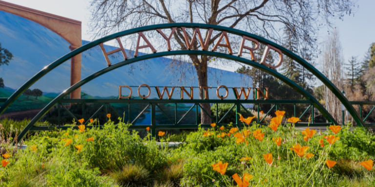 Photo of a sign that says Downtown Hayward with a mural in the background.