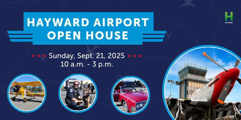 Graphic with photos of propeller planes, a police dog, and a classic car. Text reads: Hayward Airport Open House Sunday, Sept. 21, 2025 10 a.m. to 3 p.m.