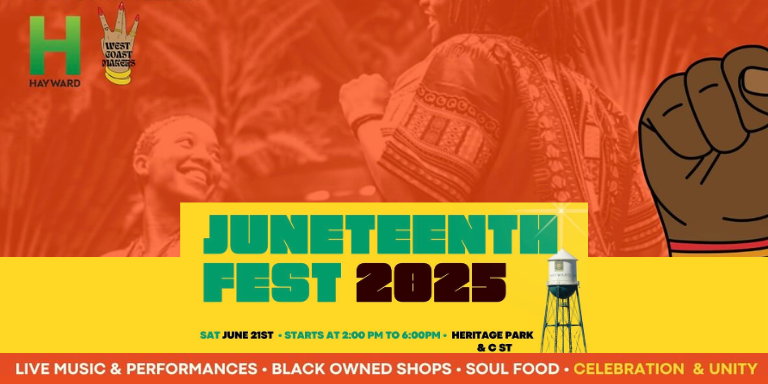 Image of people at an event with text on top reading: Juneteenth Fest 2025 and features other details mentioned in the article.