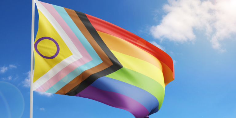 Image of an intersex Pride flag against a blue sky. 