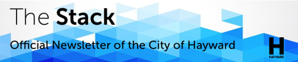 Stacks of diamonds in shades of blue with the text: The Stack Official Newsletter of the City of Hayward