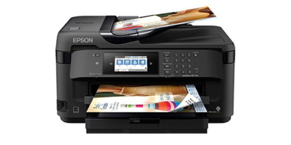 A black Epson Wide-Format printer printing colorful documents