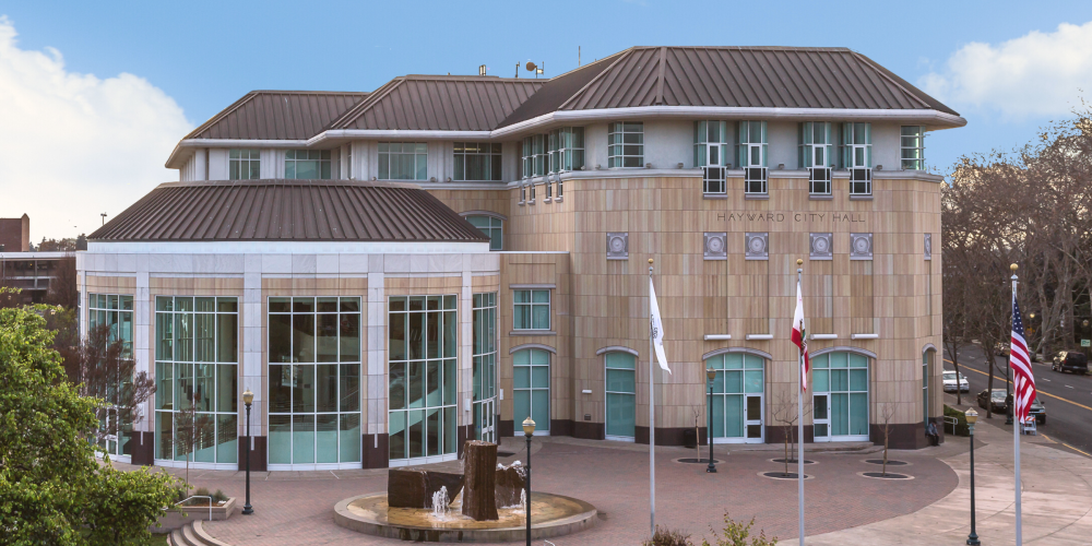 Hayward City Hall on a partly cloudy day