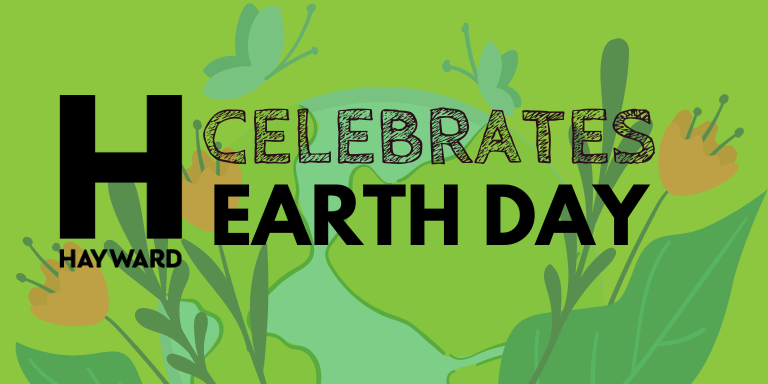 Black City of Hayward logo next to the text Celebrate Earth Day over a green background
