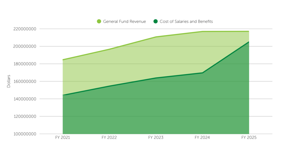 Fever chart showing the rising cost of salaries over time