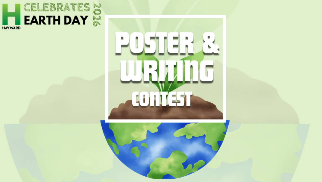 Hayward Earth Day 2026 poster and writing contest announcement with seedling growing from soil above a globe.