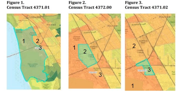 Three maps showing specific locations in Hayward where the program is applicable