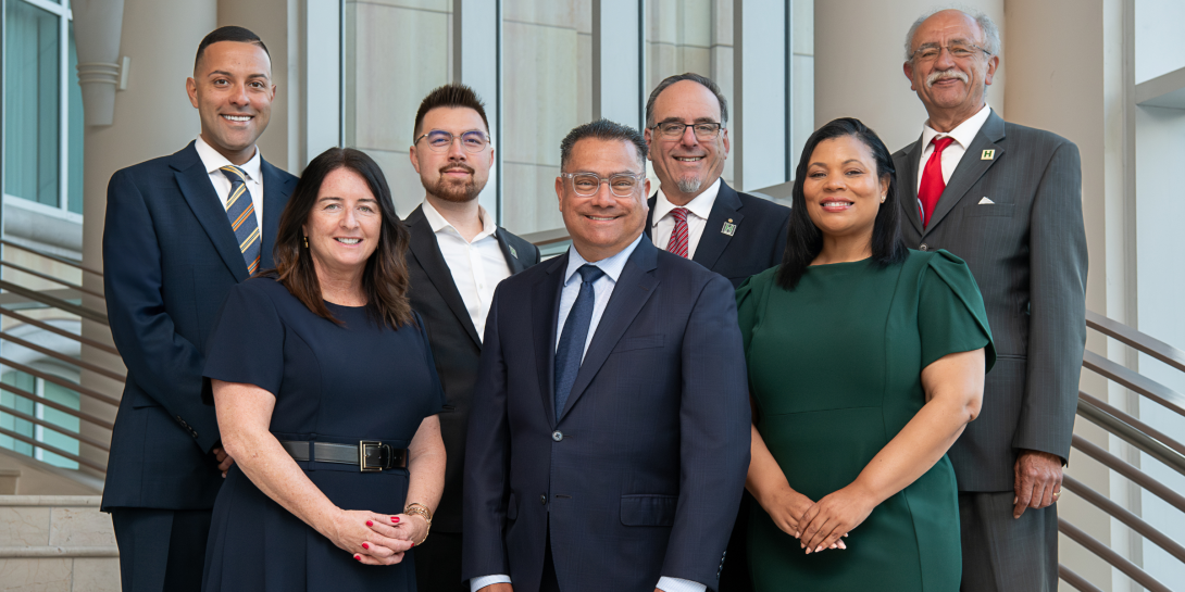 The Hayward City Council. Back from the left: Ray Bonilla Jr., George Syrop, Dan Goldstein, Francisco Zermeño. Front from the left: Julie Roche, Mark Salinas, Angela Andrews