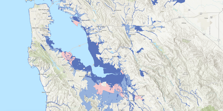 A map of the San Francisco Bay Area showing flood zones in blue