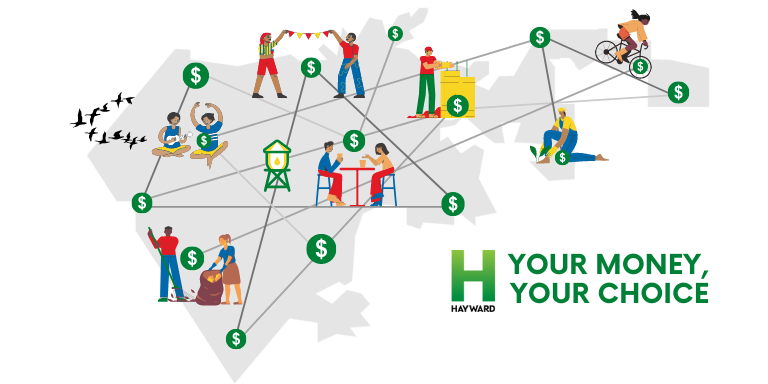 A map of the City of Hayward with drawings of people doing activities in the community